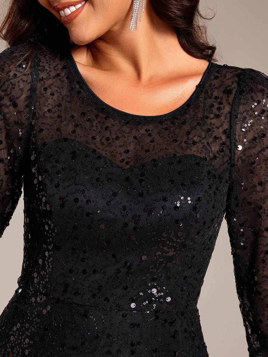 3/4 Sleeve Sparkly Sequin Round Neck Midi Wedding Guest Dress #color_Black