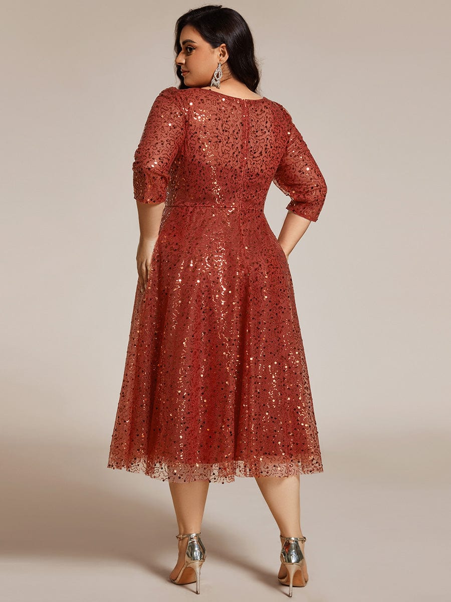 Plus Size 3/4 Sleeve Midi Round Neck A-Line Sequin Wedding Guest Dress #color_Burnt Orange