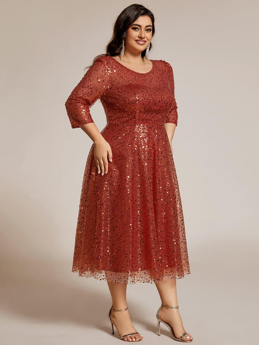 3/4 Sleeve Sparkly Sequin Round Neck Midi Wedding Guest Dress #color_Burnt Orange