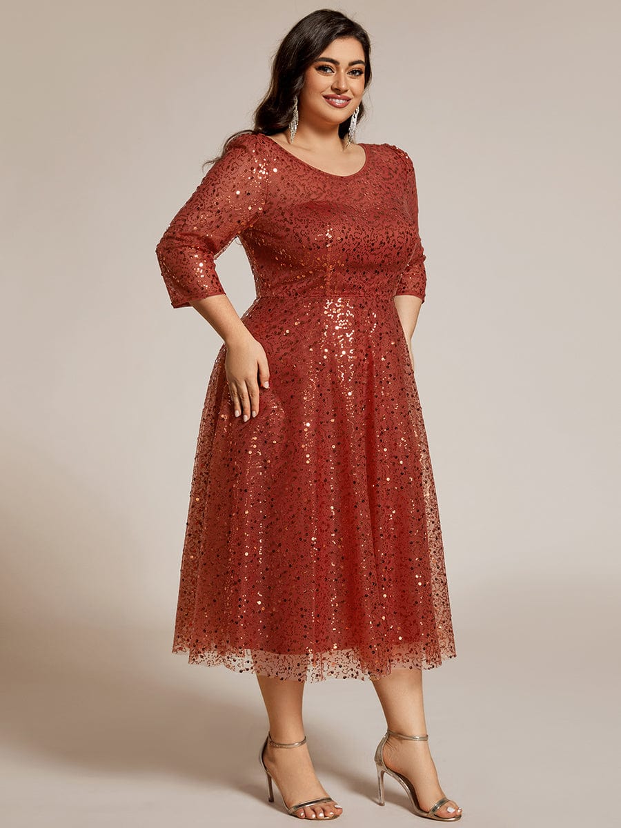 Plus Size 3/4 Sleeve Midi Round Neck A-Line Sequin Wedding Guest Dress #color_Burnt Orange