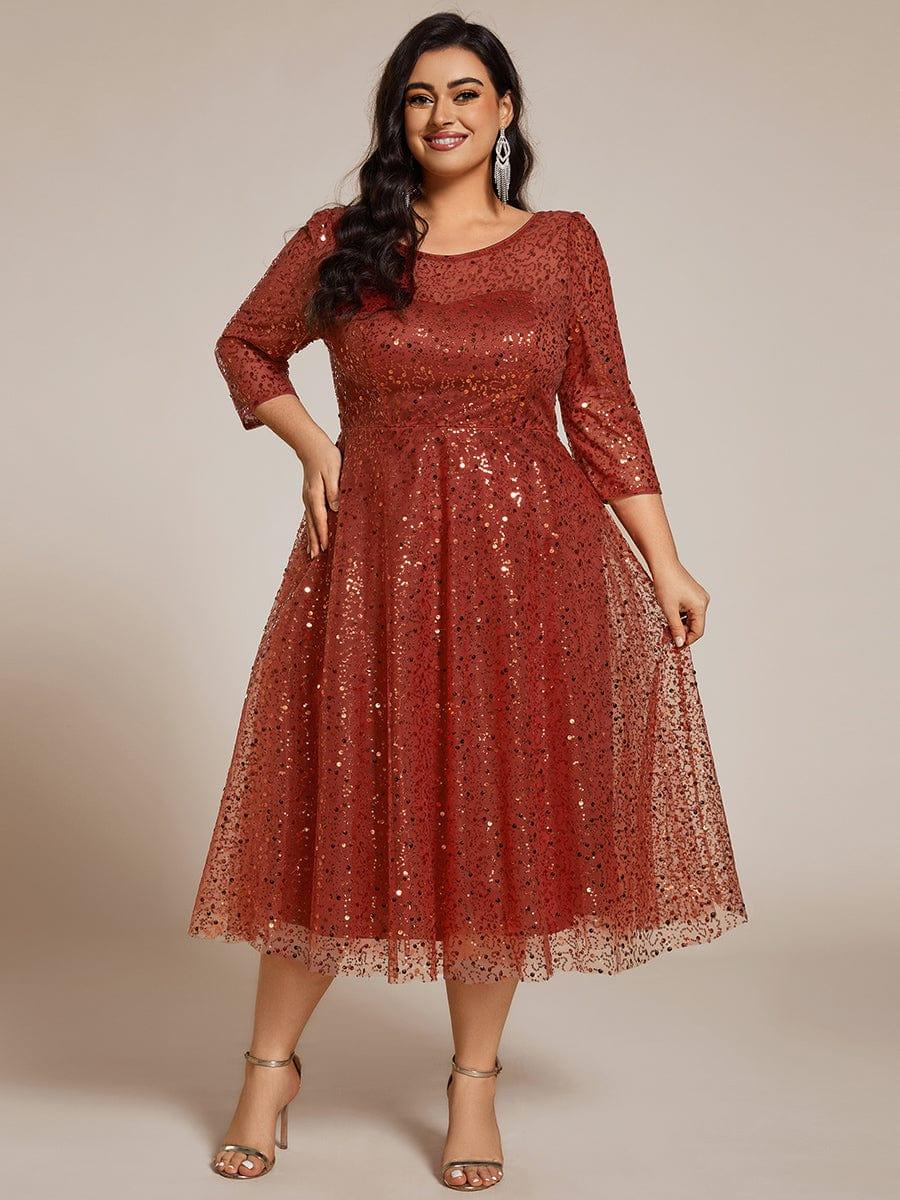 3/4 Sleeve Sparkly Sequin Round Neck Midi Wedding Guest Dress #color_Burnt Orange