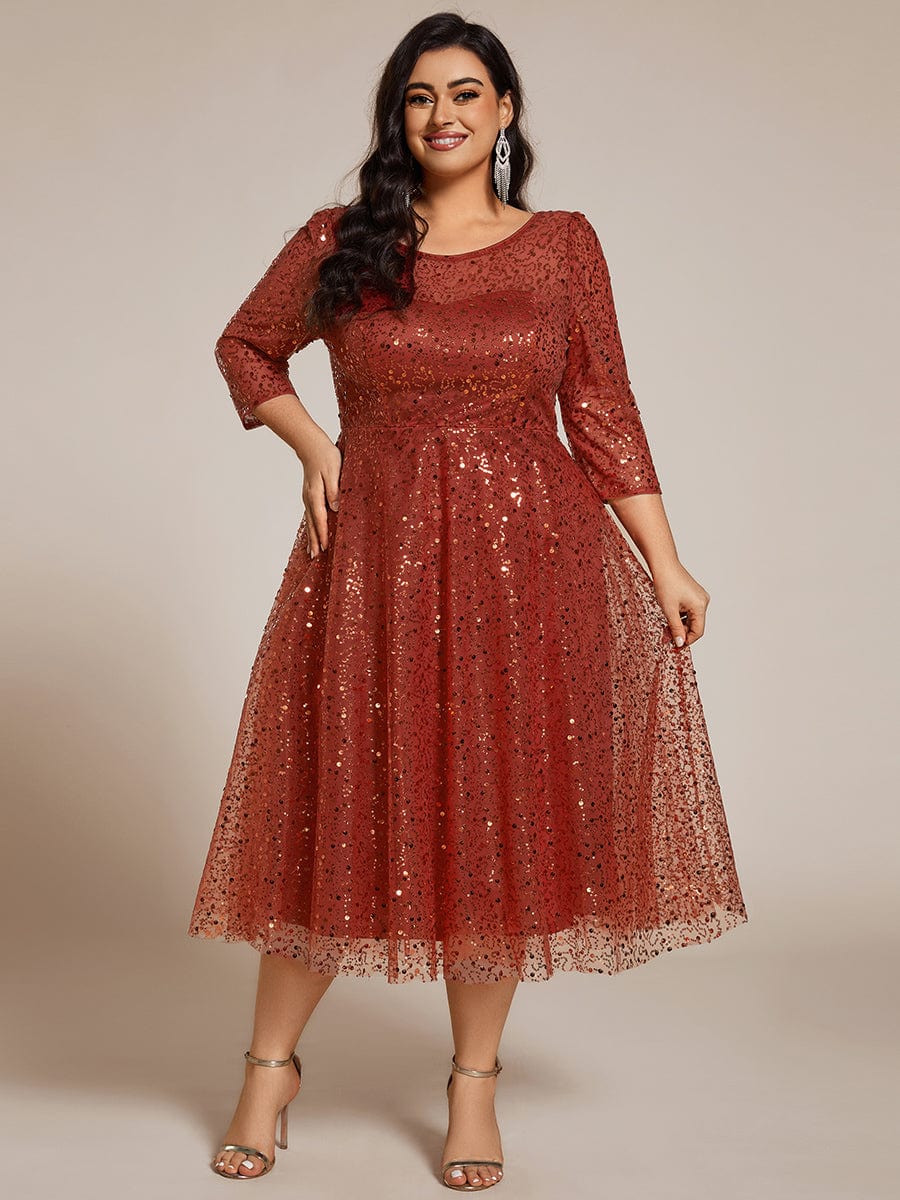 Plus Size 3/4 Sleeve Midi Round Neck A-Line Sequin Wedding Guest Dress #color_Burnt Orange