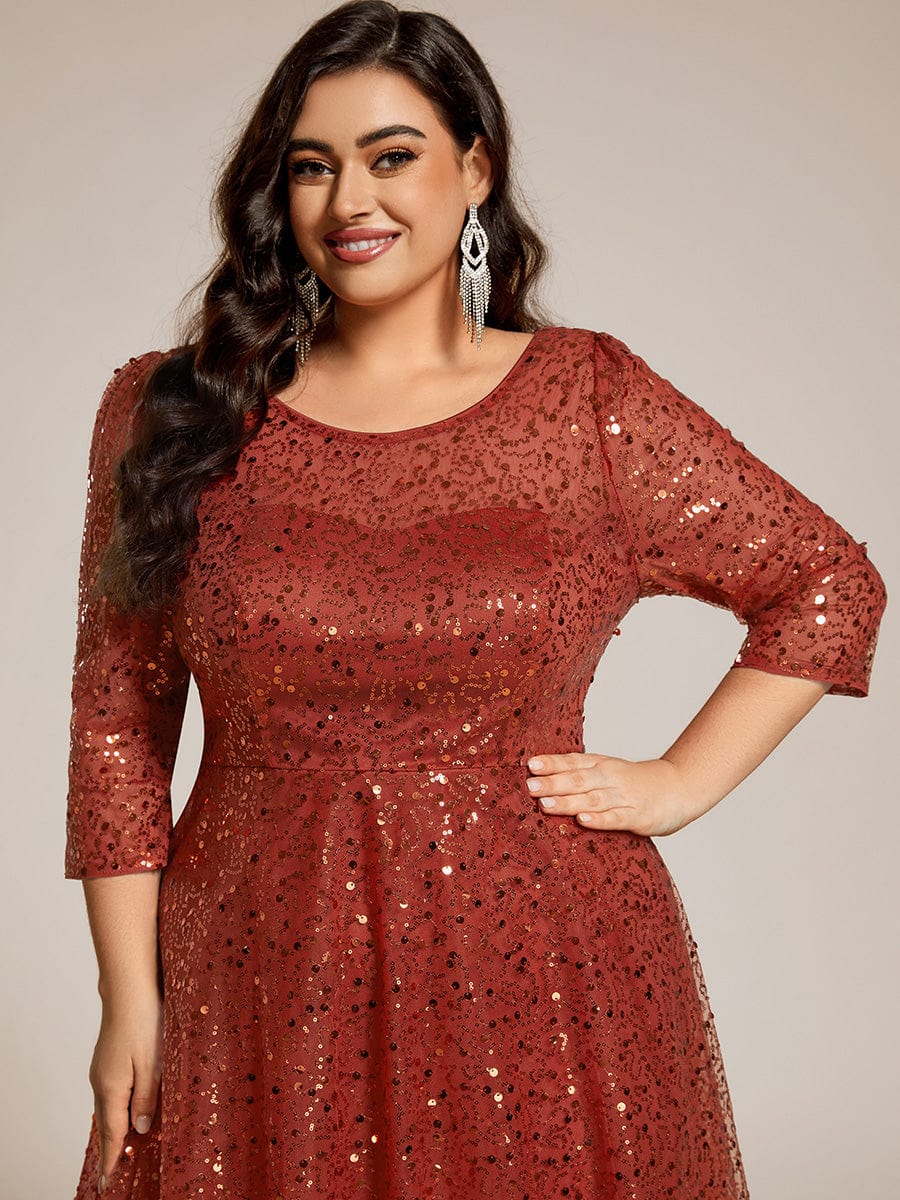 Plus Size 3/4 Sleeve Midi Round Neck A-Line Sequin Wedding Guest Dress #color_Burnt Orange