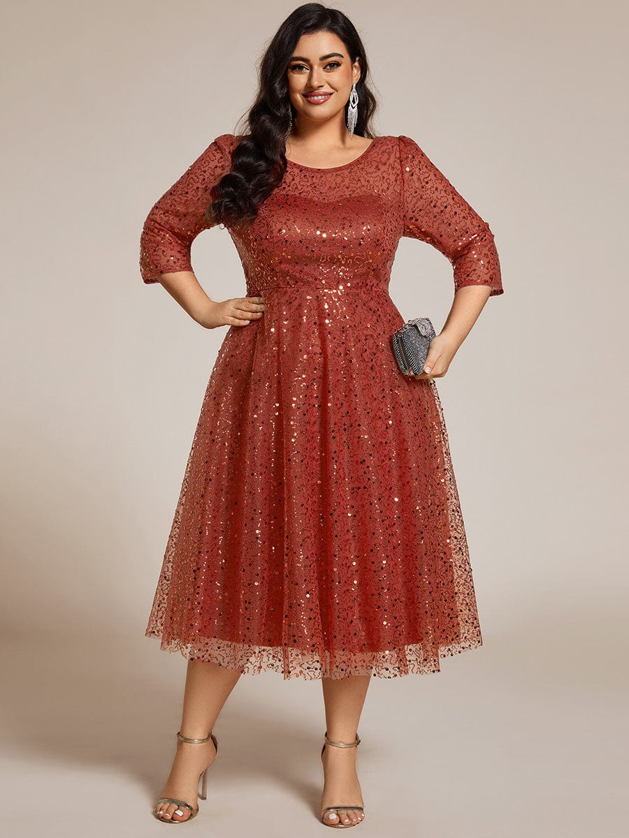 Plus Size 3/4 Sleeve Midi Round Neck A-Line Sequin Wedding Guest Dress #color_Burnt Orange