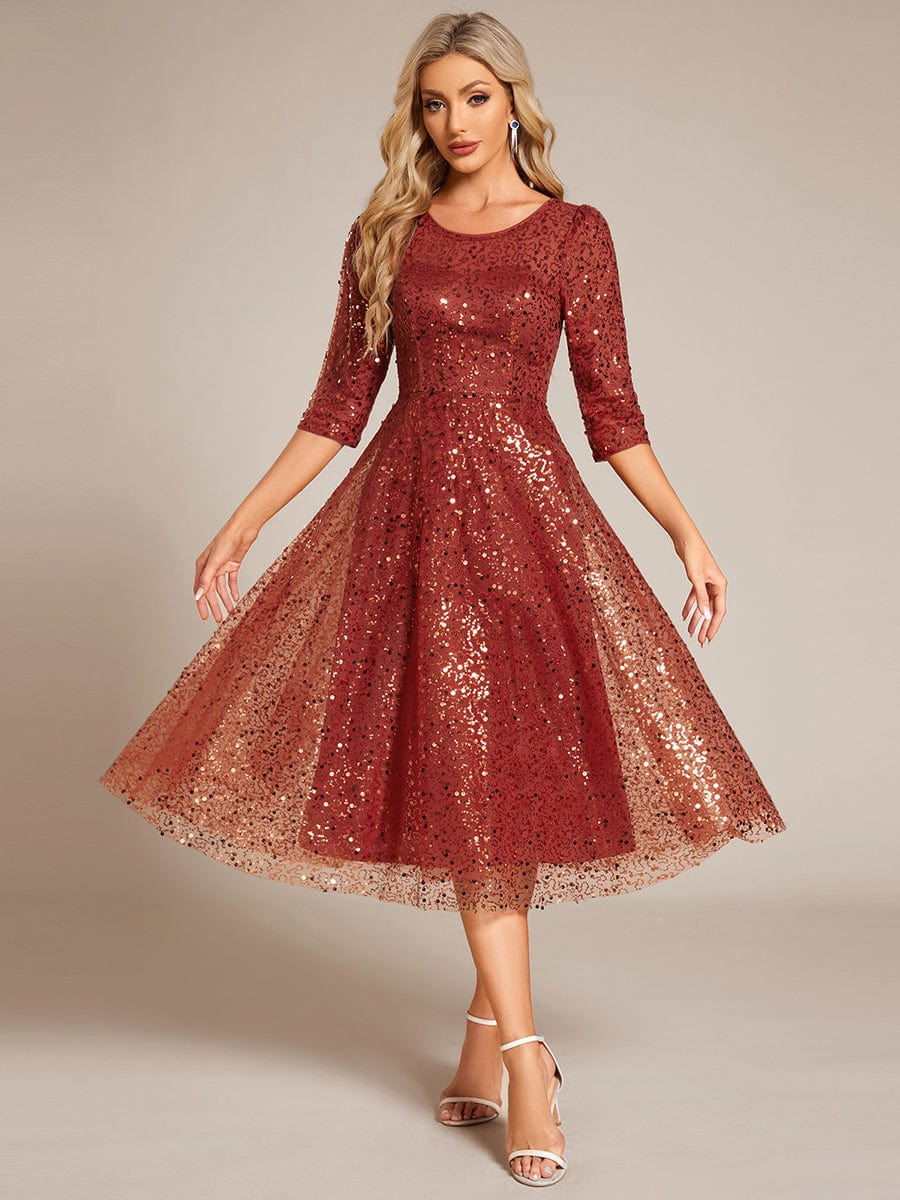 3/4 Sleeve Sparkly Sequin Round Neck Midi Wedding Guest Dress #color_Burnt Orange