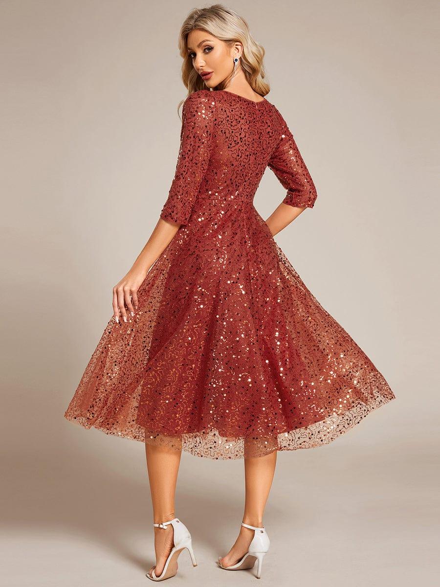 3/4 Sleeve Sparkly Sequin Round Neck Midi Wedding Guest Dress #color_Burnt Orange