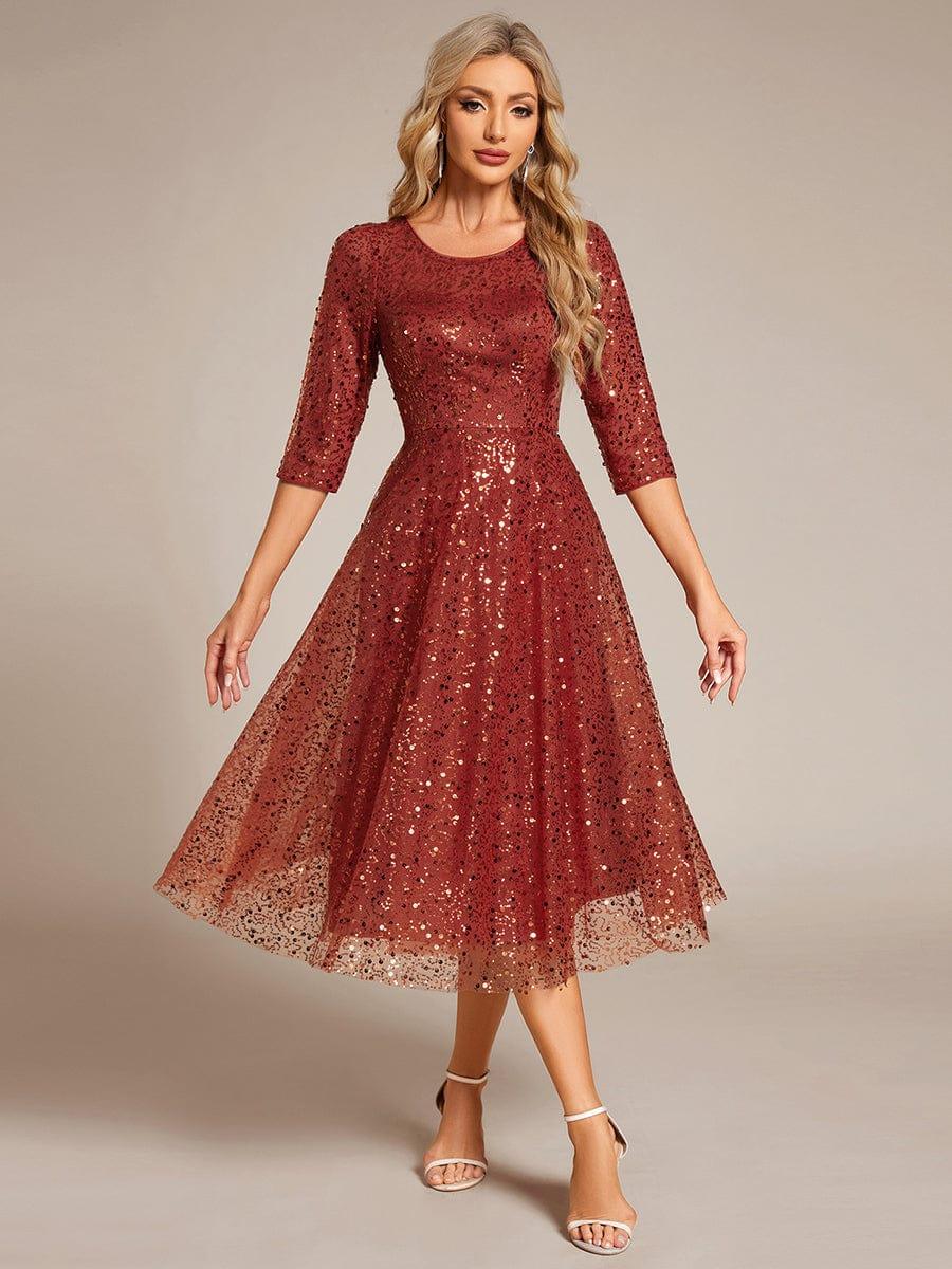 3/4 Sleeve Sparkly Sequin Round Neck Midi Wedding Guest Dress #color_Burnt Orange