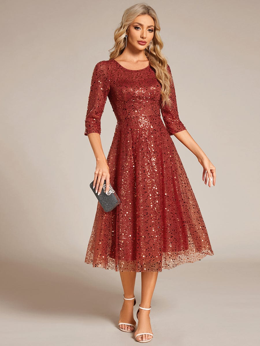 3/4 Sleeve Sparkly Sequin Round Neck Midi Wedding Guest Dress #color_Burnt Orange