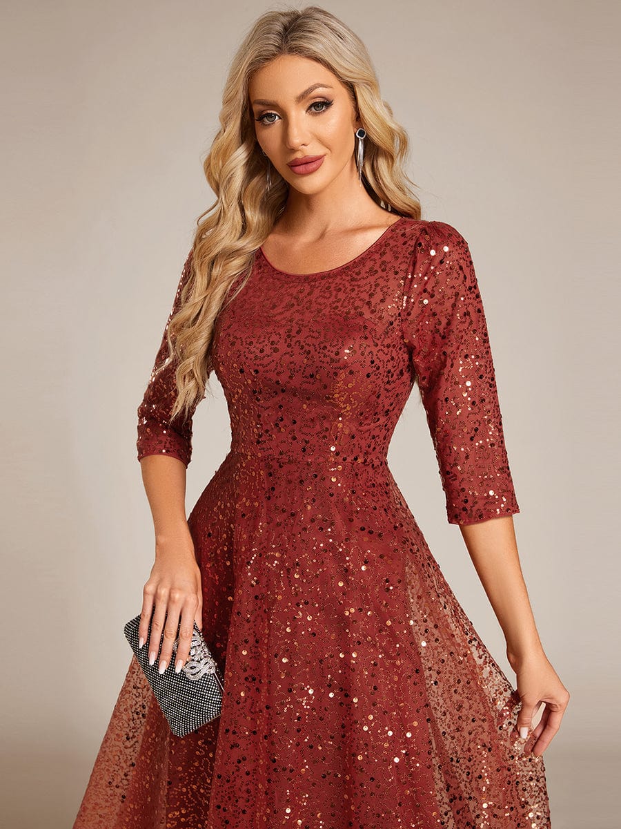 3/4 Sleeve Sparkly Sequin Round Neck Midi Wedding Guest Dress #color_Burnt Orange