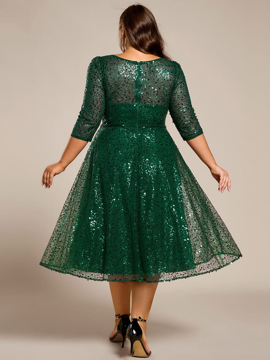 Plus Size 3/4 Sleeve Midi Round Neck A-Line Sequin Wedding Guest Dress #color_Dark Green