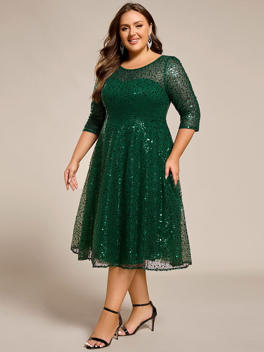 Plus Size 3/4 Sleeve Midi Round Neck A-Line Sequin Wedding Guest Dress #color_Dark Green