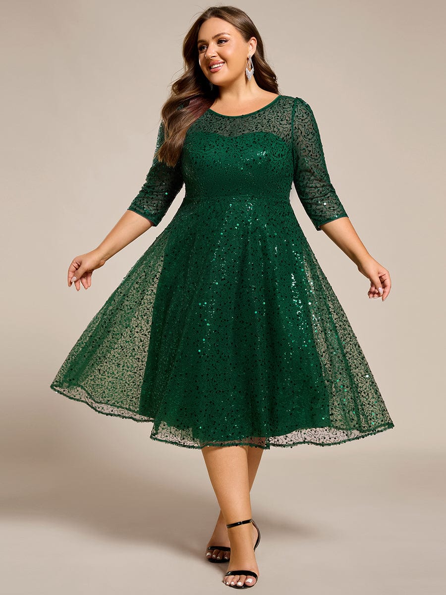 Plus Size 3/4 Sleeve Midi Round Neck A-Line Sequin Wedding Guest Dress #color_Dark Green