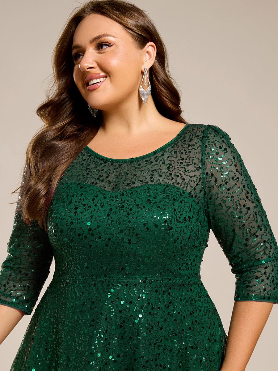 Plus Size 3/4 Sleeve Midi Round Neck A-Line Sequin Wedding Guest Dress #color_Dark Green