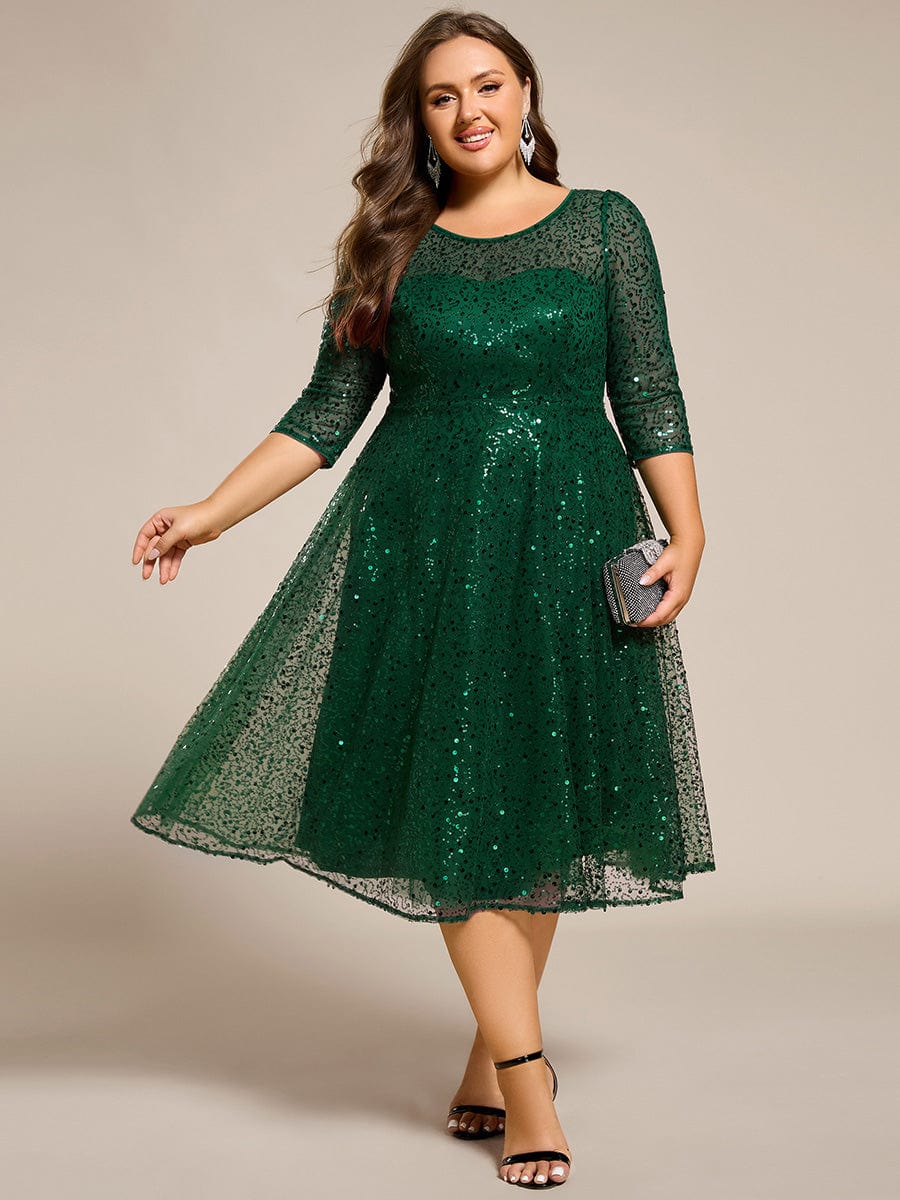 Plus Size 3/4 Sleeve Midi Round Neck A-Line Sequin Wedding Guest Dress #color_Dark Green