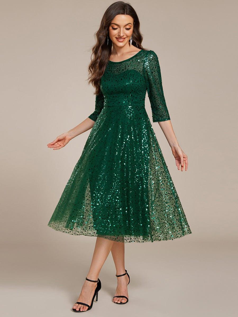 3/4 Sleeve Sparkly Sequin Round Neck Midi Wedding Guest Dress #color_Dark Green