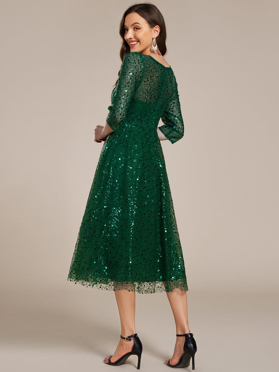 3/4 Sleeve Sparkly Sequin Round Neck Midi Wedding Guest Dress #color_Dark Green