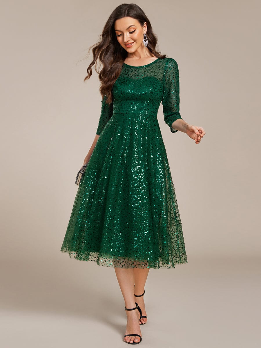 3/4 Sleeve Sparkly Sequin Round Neck Midi Wedding Guest Dress #color_Dark Green