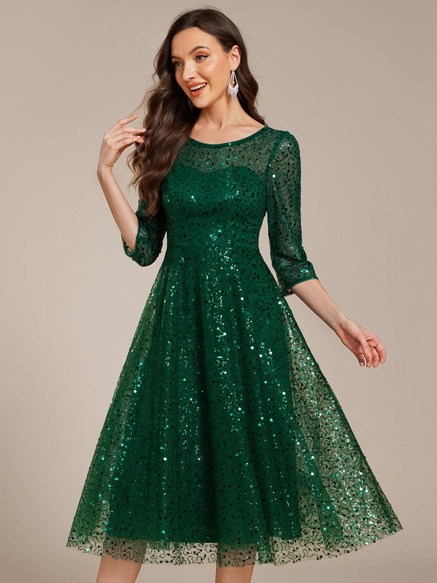 3/4 Sleeve Sparkly Sequin Round Neck Midi Wedding Guest Dress #color_Dark Green