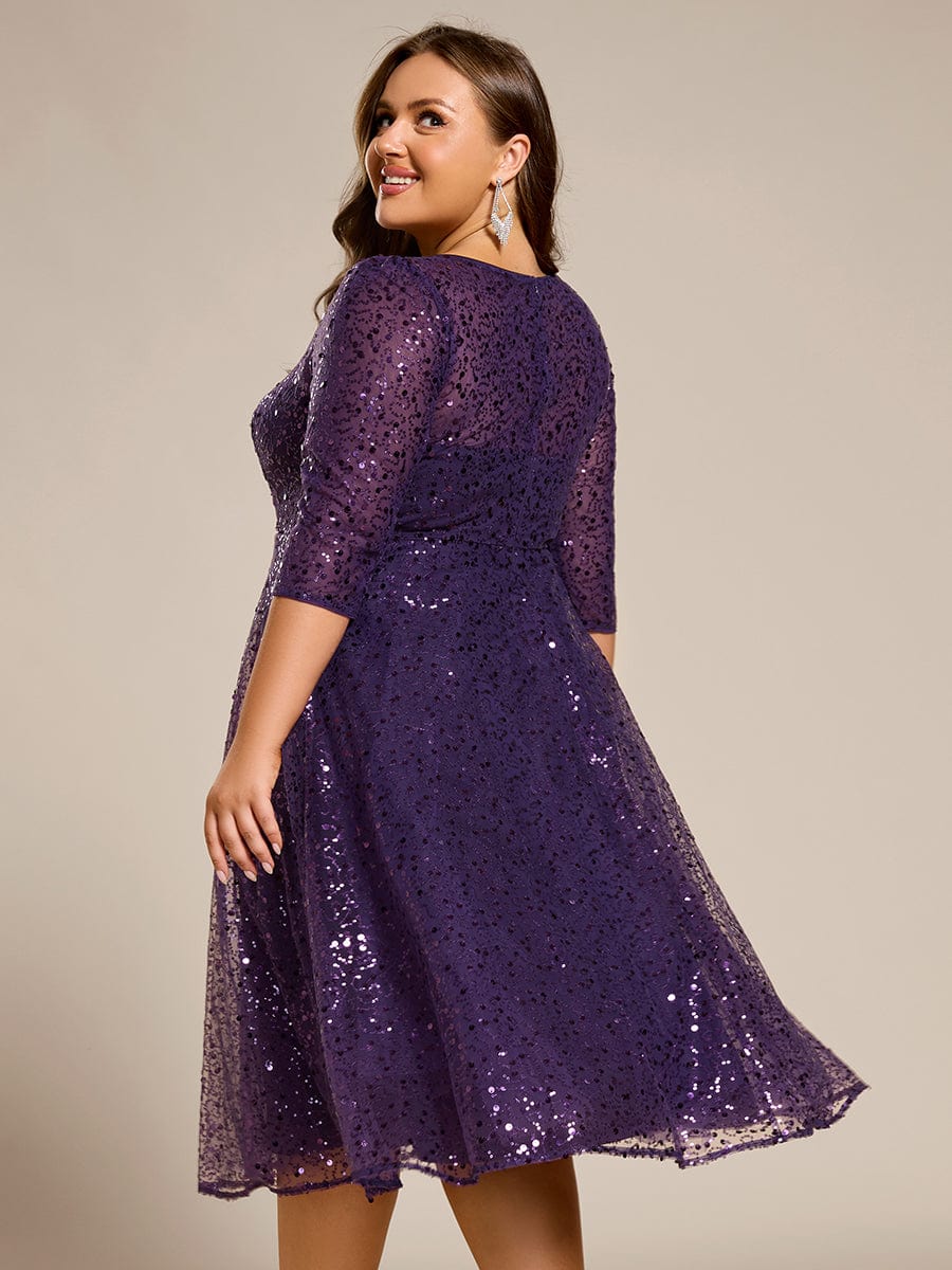 Plus Size 3/4 Sleeve Midi Round Neck A-Line Sequin Wedding Guest Dress #color_Dark Purple