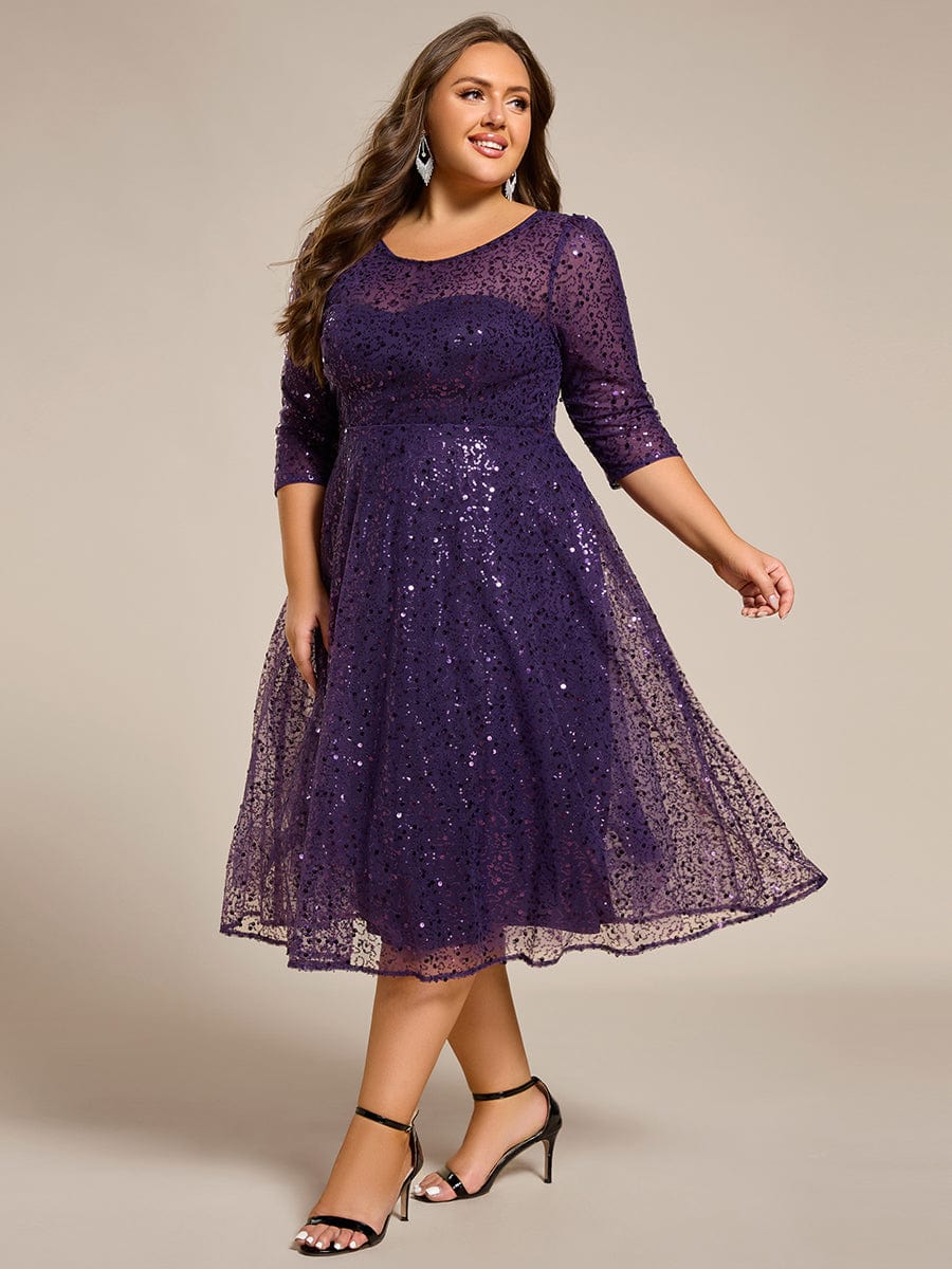 Plus Size 3/4 Sleeve Midi Round Neck A-Line Sequin Wedding Guest Dress #color_Dark Purple