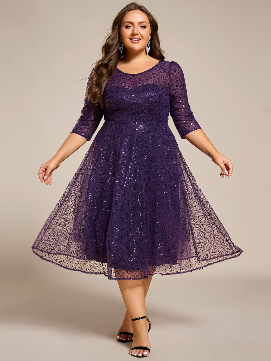 Plus Size 3/4 Sleeve Midi Round Neck A-Line Sequin Wedding Guest Dress #color_Dark Purple