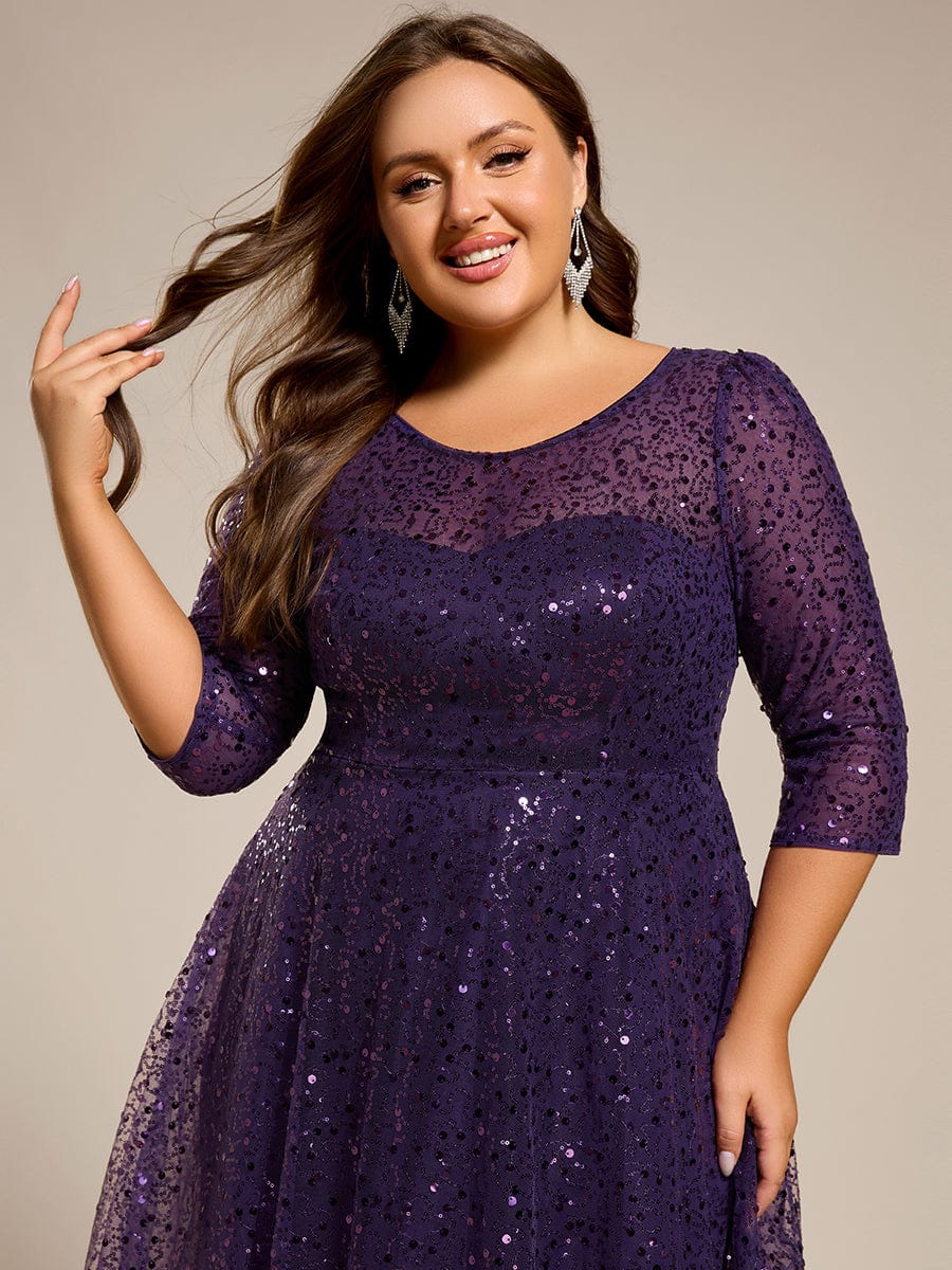 Plus Size 3/4 Sleeve Midi Round Neck A-Line Sequin Wedding Guest Dress #color_Dark Purple