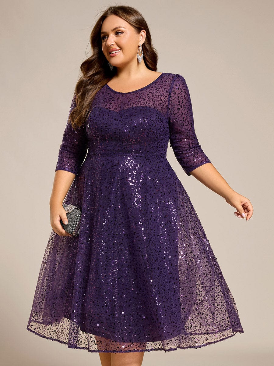 Plus Size 3/4 Sleeve Midi Round Neck A-Line Sequin Wedding Guest Dress #color_Dark Purple