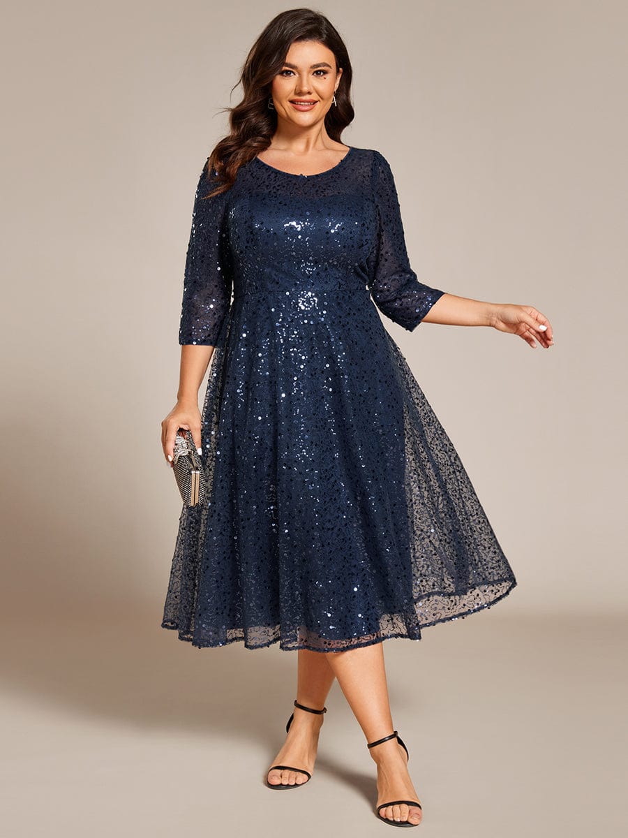 Plus Size 3/4 Sleeve Midi Round Neck A-Line Sequin Wedding Guest Dress #color_Navy Blue