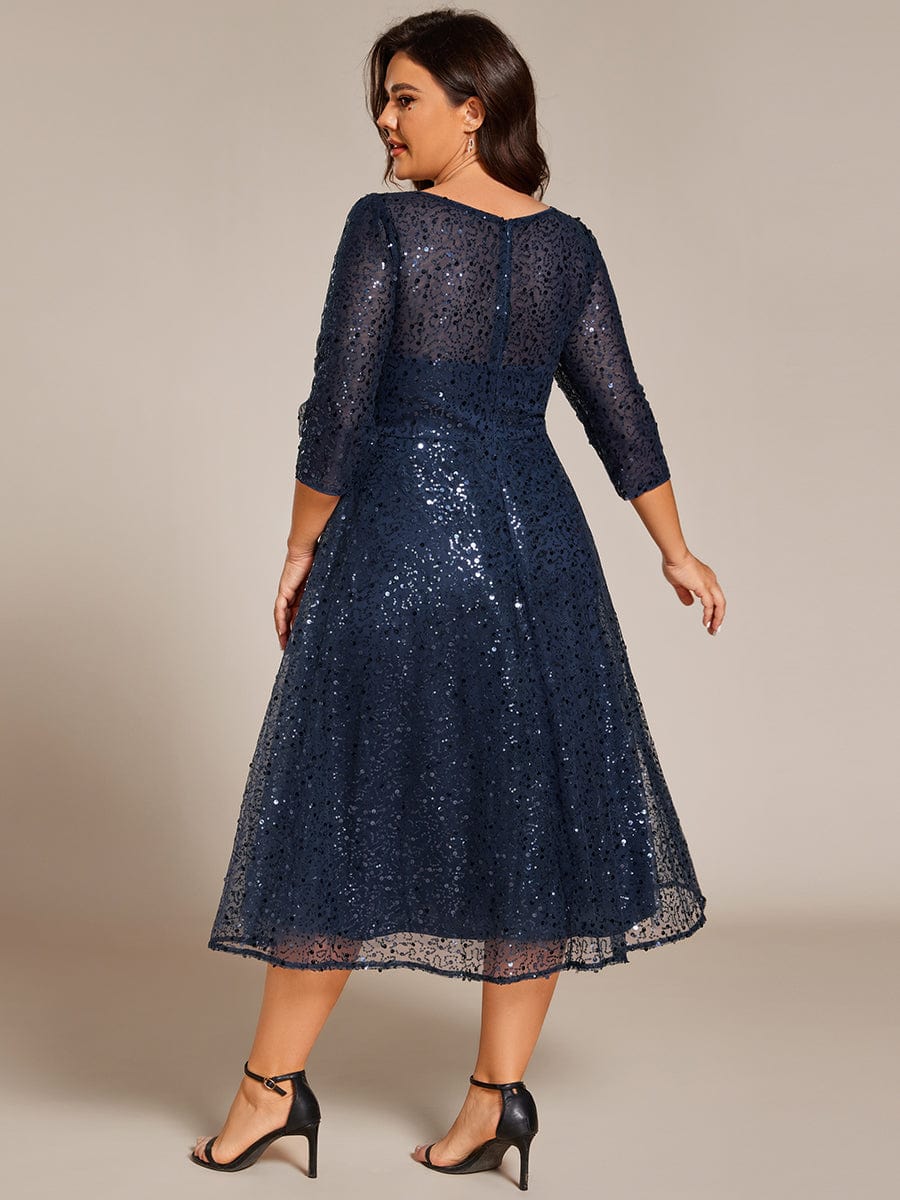 3/4 Sleeve Sparkly Sequin Round Neck Midi Wedding Guest Dress #color_Navy Blue