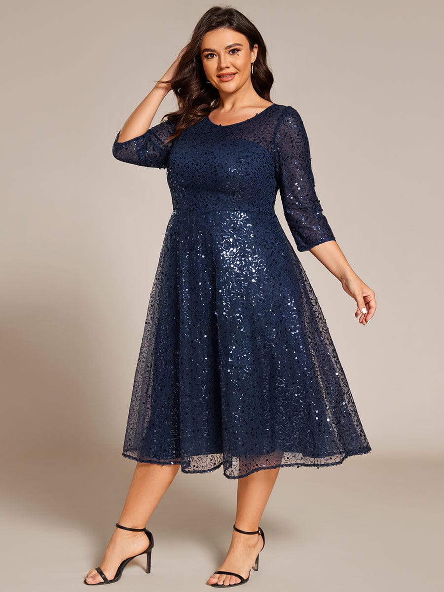 3/4 Sleeve Sparkly Sequin Round Neck Midi Wedding Guest Dress #color_Navy Blue