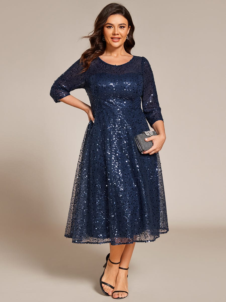 Plus Size 3/4 Sleeve Midi Round Neck A-Line Sequin Wedding Guest Dress #color_Navy Blue