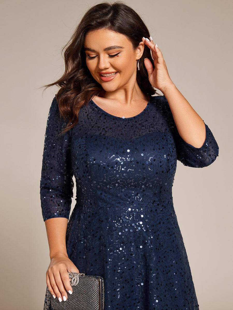 3/4 Sleeve Sparkly Sequin Round Neck Midi Wedding Guest Dress #color_Navy Blue