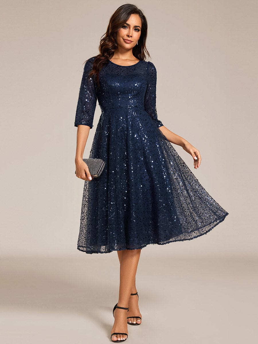 3/4 Sleeve Sparkly Sequin Round Neck Midi Wedding Guest Dress #color_Navy Blue