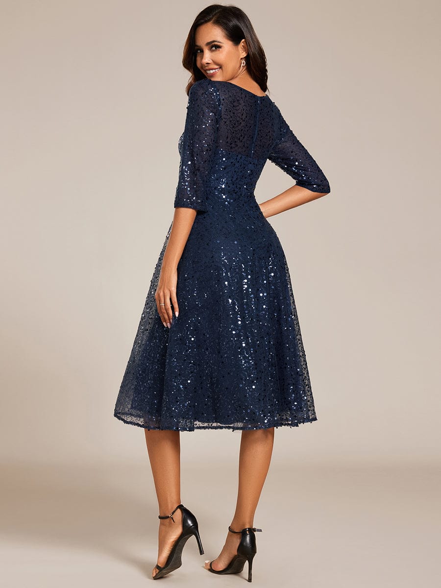 3/4 Sleeve Sparkly Sequin Round Neck Midi Wedding Guest Dress #color_Navy Blue