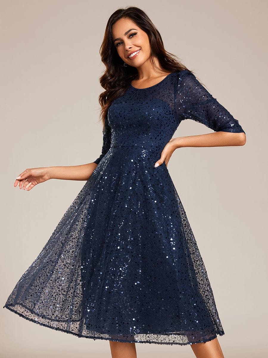 3/4 Sleeve Sparkly Sequin Round Neck Midi Wedding Guest Dress #color_Navy Blue