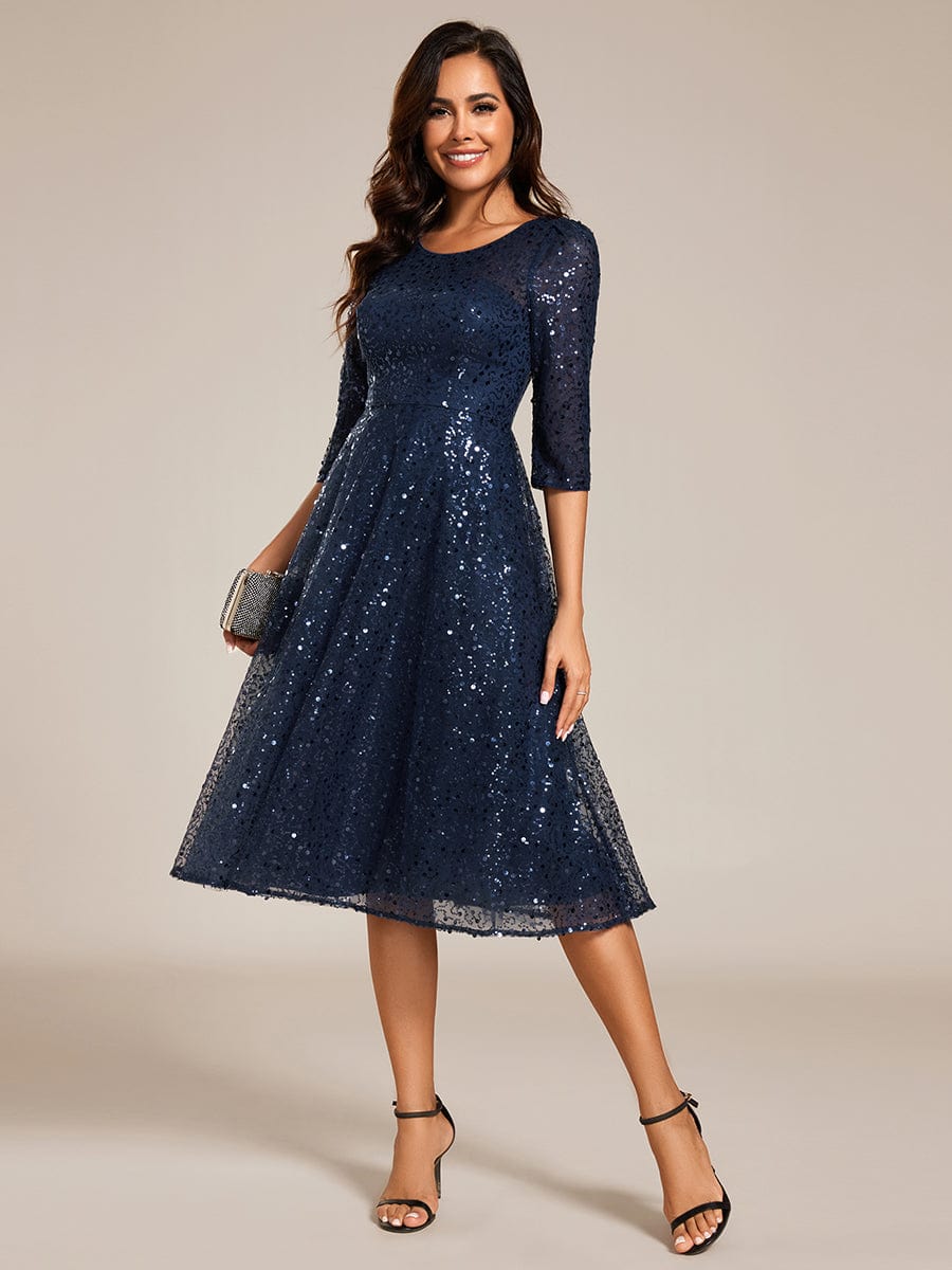 3/4 Sleeve Sparkly Sequin Round Neck Midi Wedding Guest Dress #color_Navy Blue