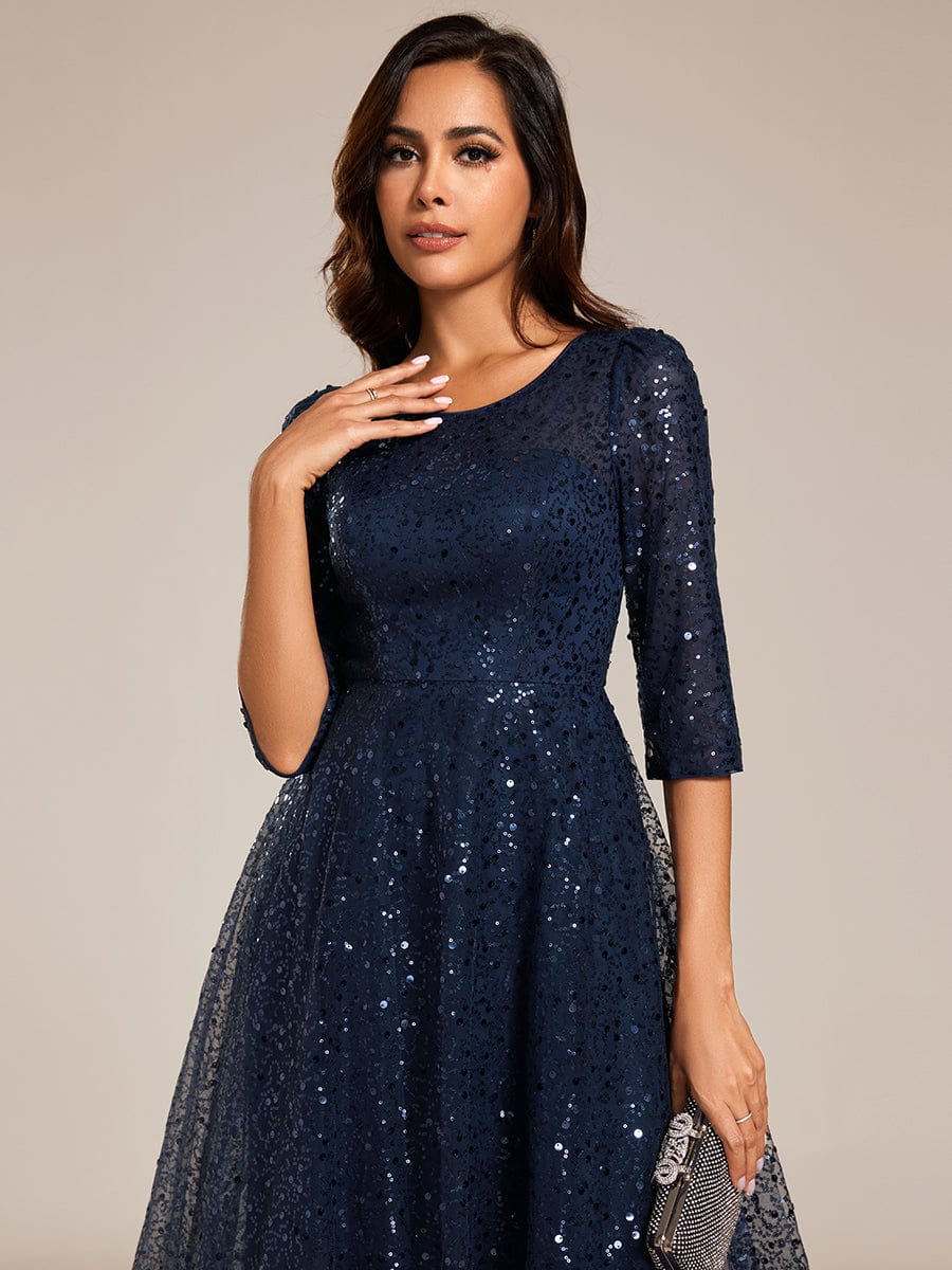 3/4 Sleeve Sparkly Sequin Round Neck Midi Wedding Guest Dress #color_Navy Blue