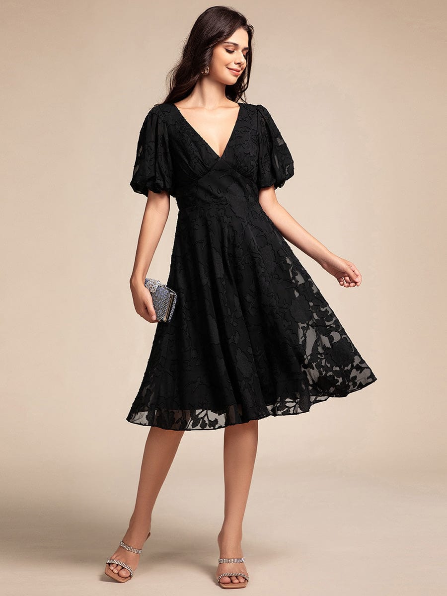 Puff Sleeve V-Neck Midi Wedding Guest Dress #color_Black