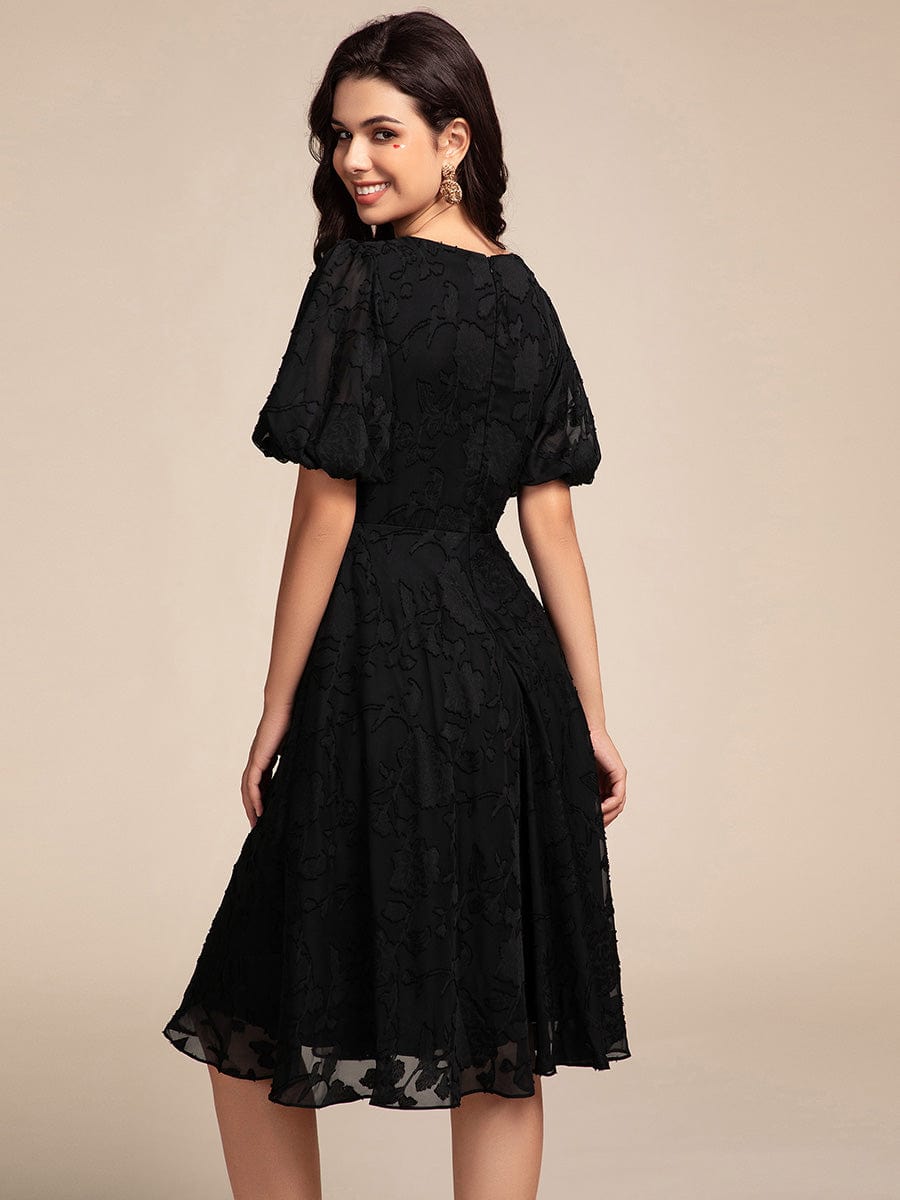 Puff Sleeve V-Neck Midi Wedding Guest Dress #color_Black