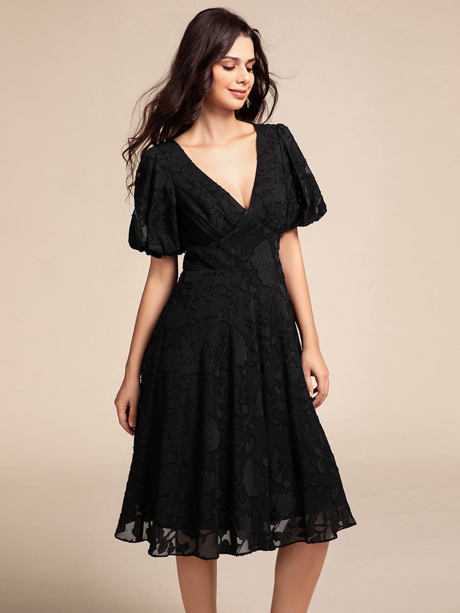 Puff Sleeve V-Neck Midi Wedding Guest Dress #color_Black