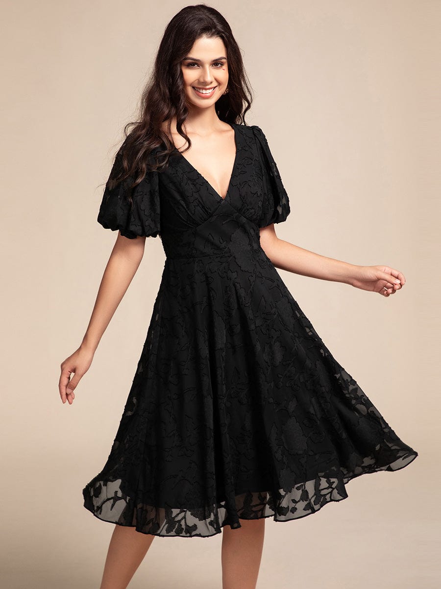 Puff Sleeve V-Neck Midi Wedding Guest Dress #color_Black