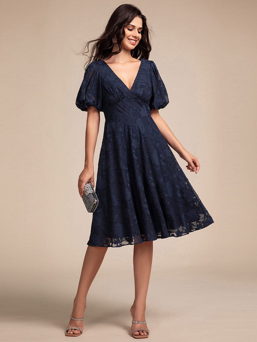 Puff Sleeve V-Neck Midi Wedding Guest Dress #color_Navy Blue