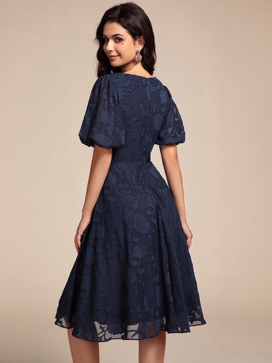 Puff Sleeve V-Neck Midi Wedding Guest Dress #color_Navy Blue