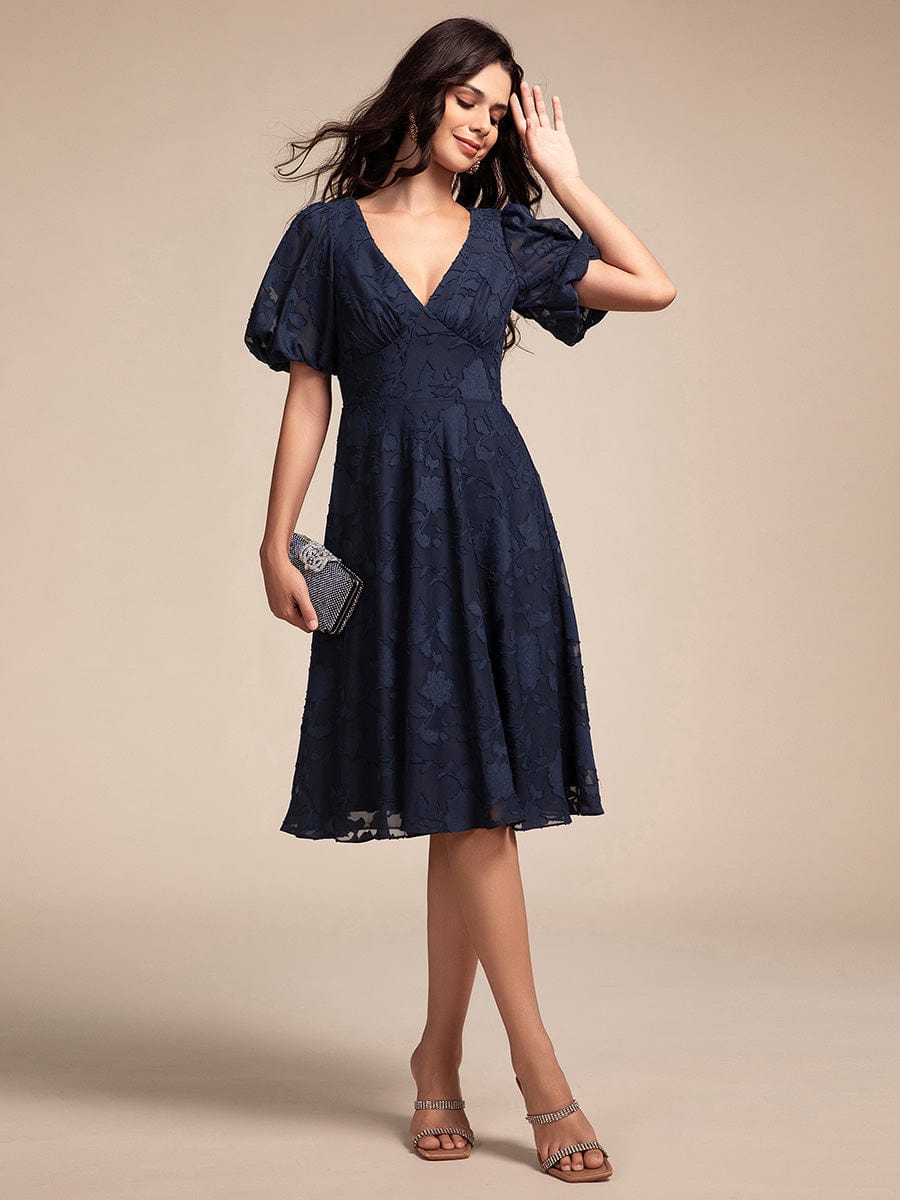 Puff Sleeve V-Neck Midi Wedding Guest Dress #color_Navy Blue