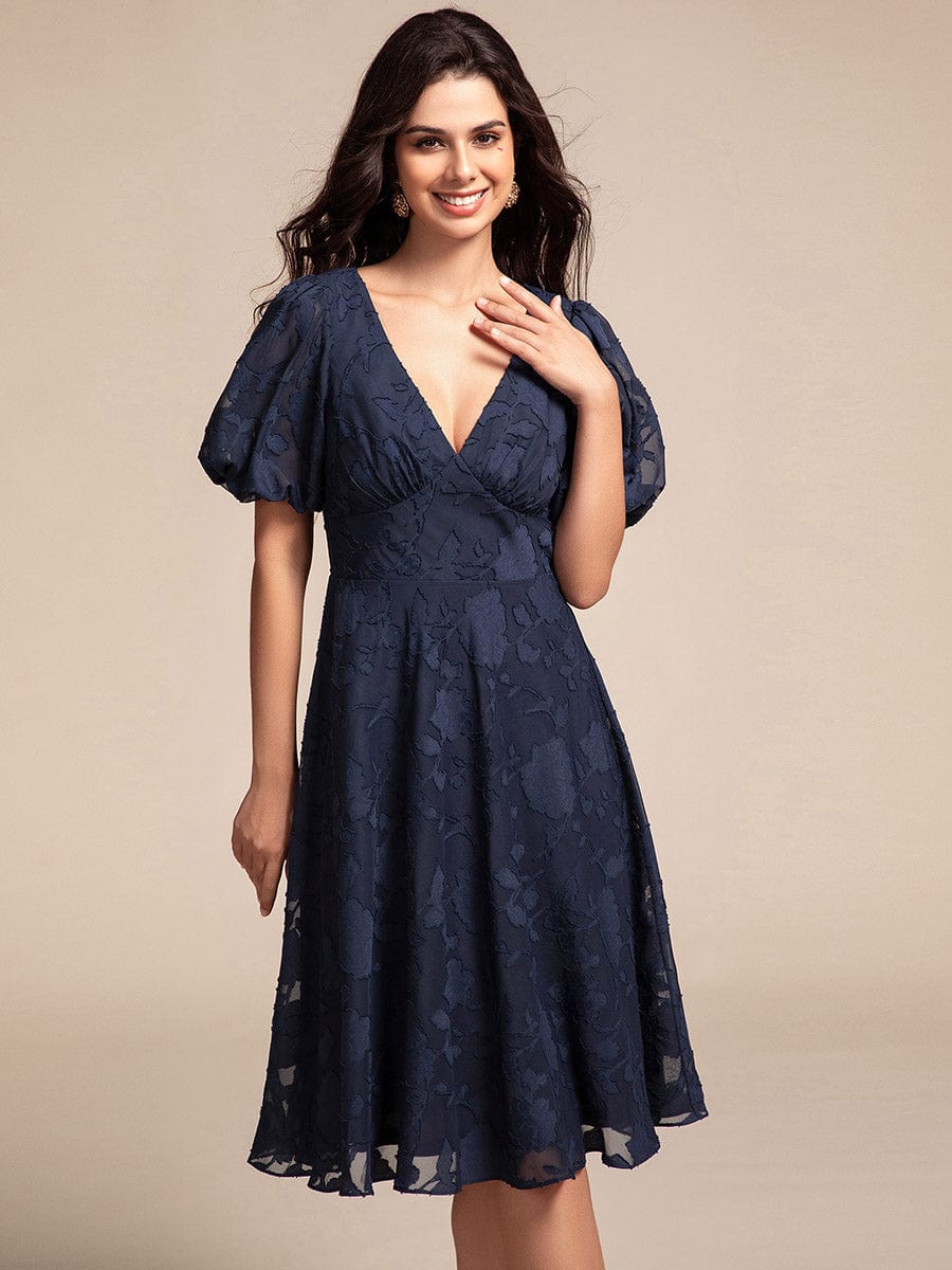 Puff Sleeve V-Neck Midi Wedding Guest Dress #color_Navy Blue