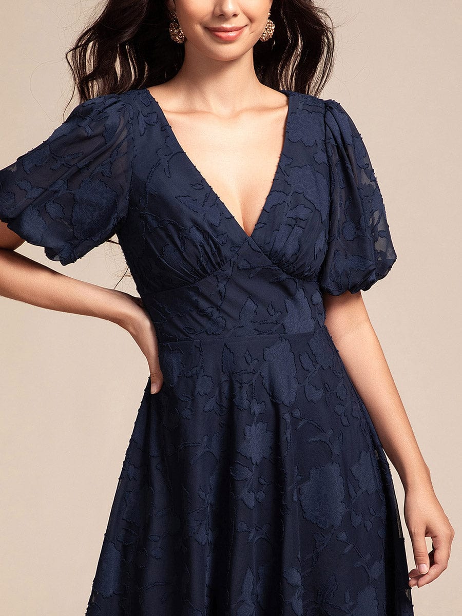 Puff Sleeve V-Neck Midi Wedding Guest Dress #color_Navy Blue