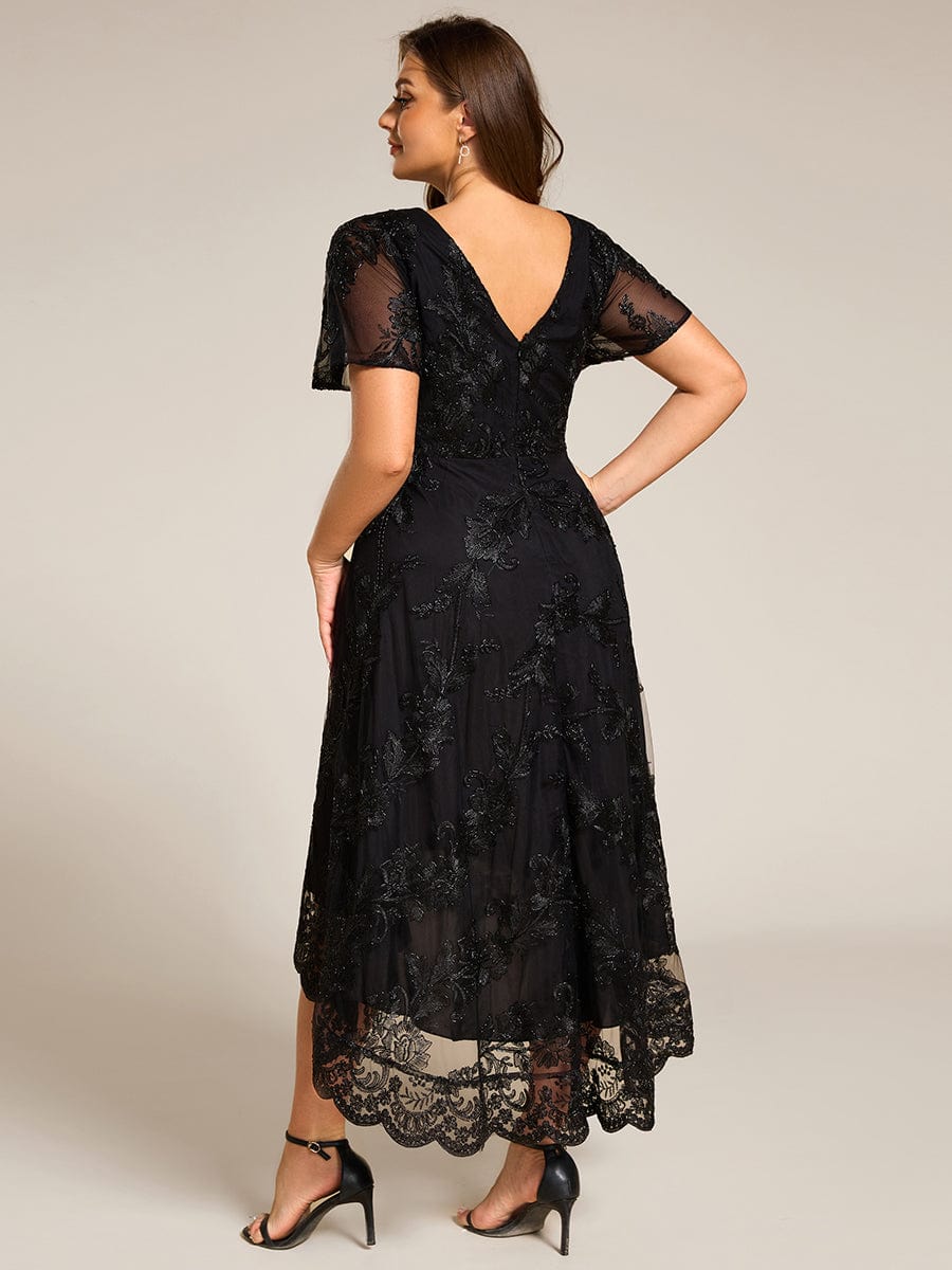 Embroidered Mesh Double V-Neck Short Sleeves Midi Wedding Guest Dress #color_Black