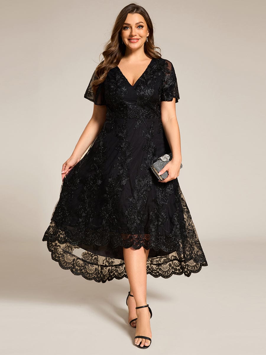 Embroidered Mesh Double V-Neck Short Sleeves Midi Wedding Guest Dress #color_Black