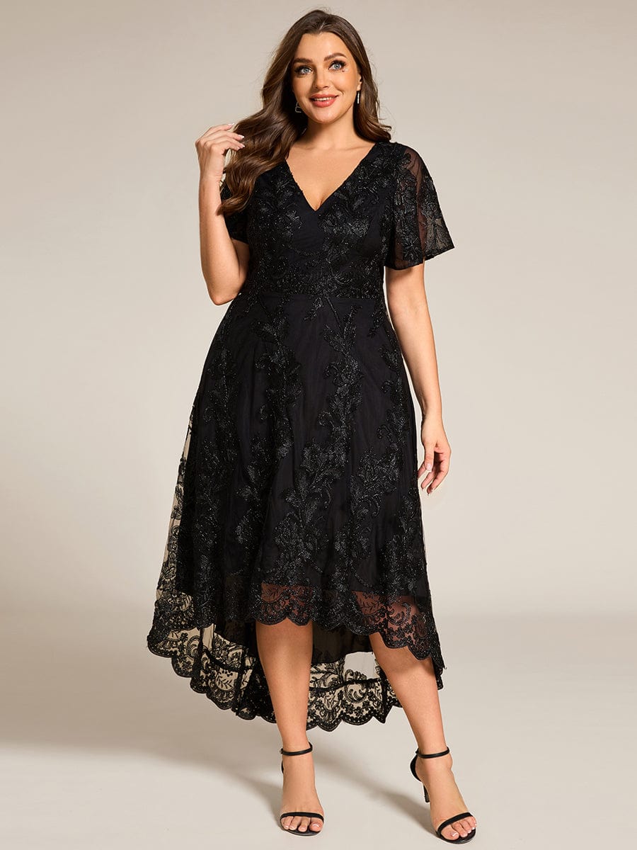 Embroidered Mesh Double V-Neck Short Sleeves Midi Wedding Guest Dress #color_Black