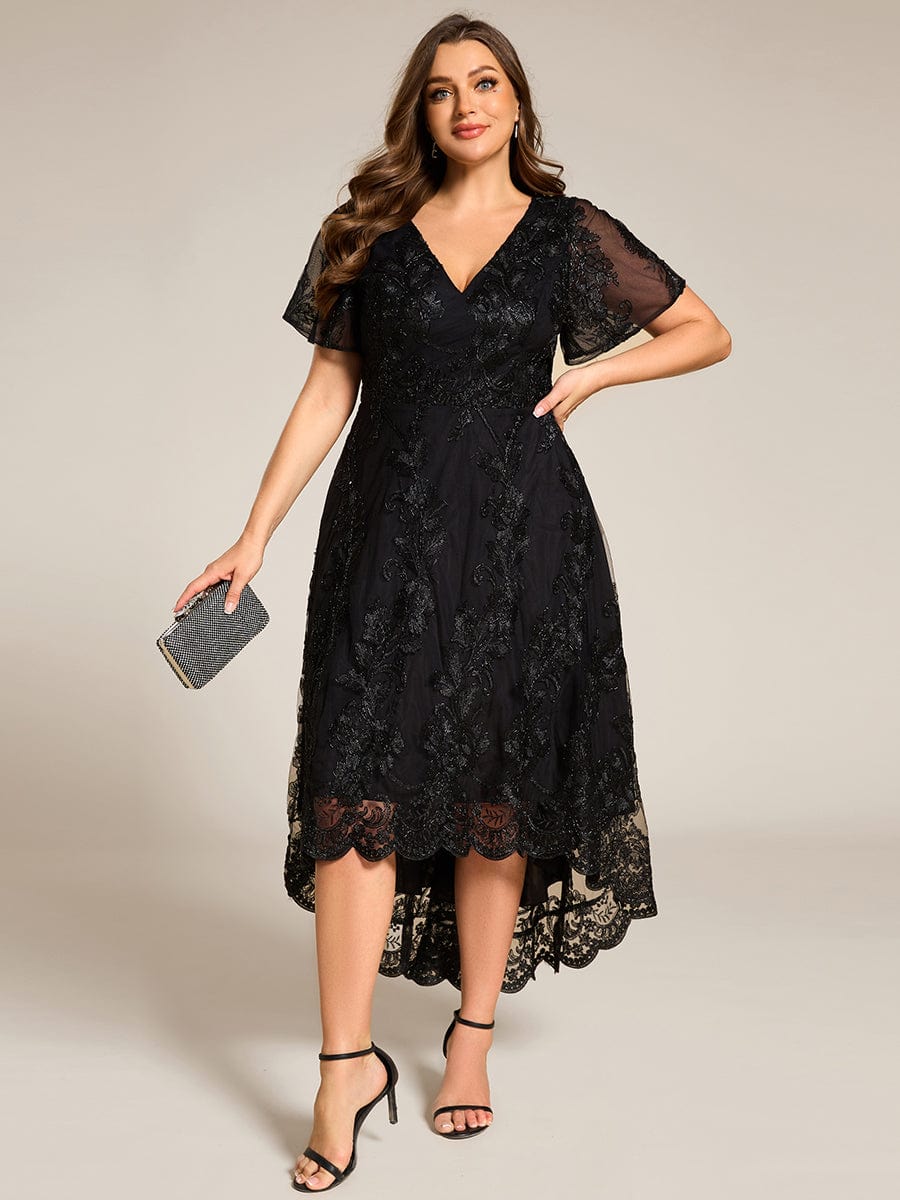 Embroidered Mesh Double V-Neck Short Sleeves Midi Wedding Guest Dress #color_Black